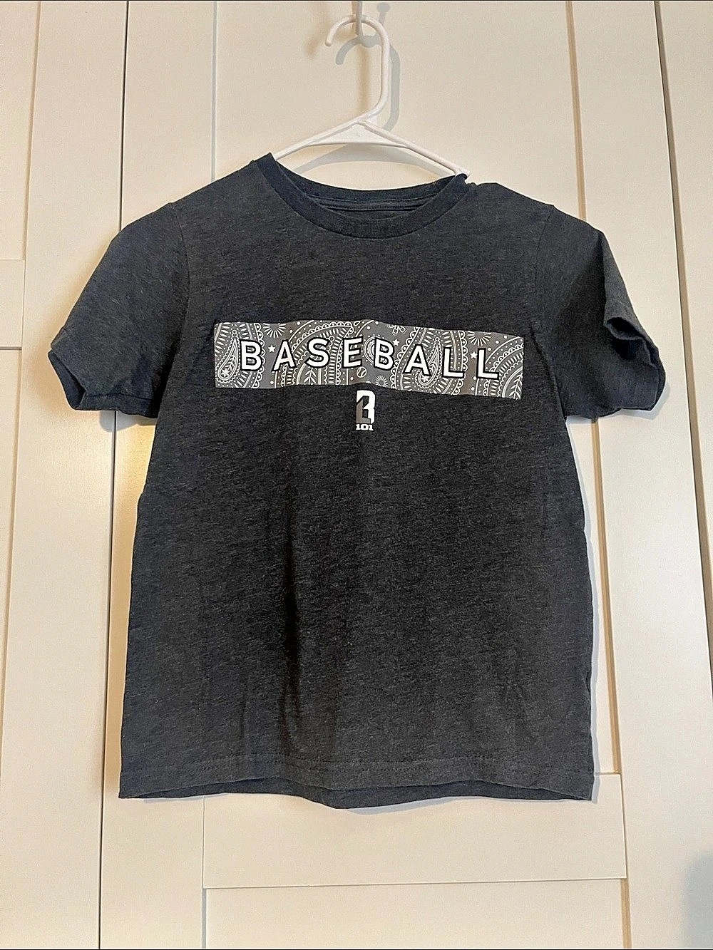 Baseball Lifestyle 101 Paisley Tee in Gray. Youth Medium.